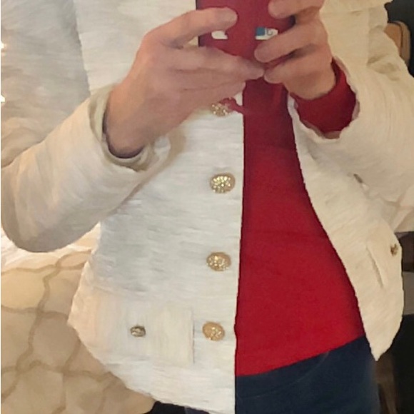 Ivory Jacket w/ rhinestone buttons w/ textured/ribbed / gathered fabric. - Picture 2 of 9